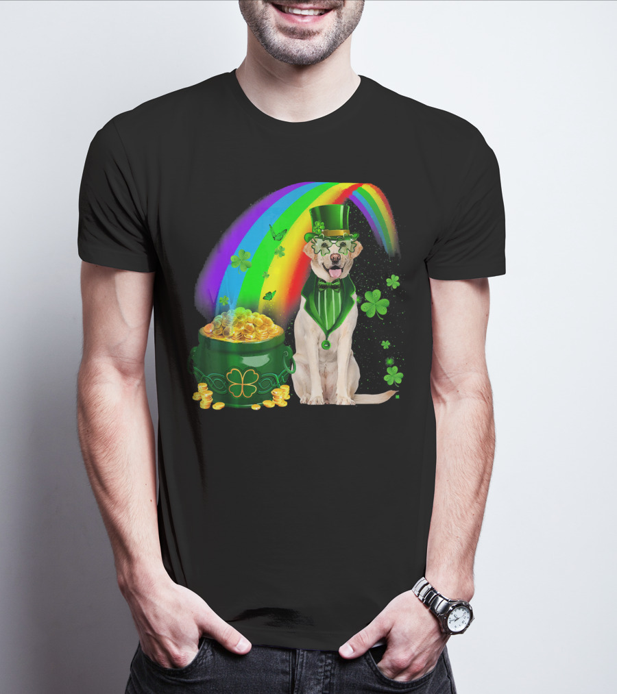 Labrador Dog Leprechaun With Rainbow Coins And Shamrock Saint Patrick's Day Irish Charm T-Shirt