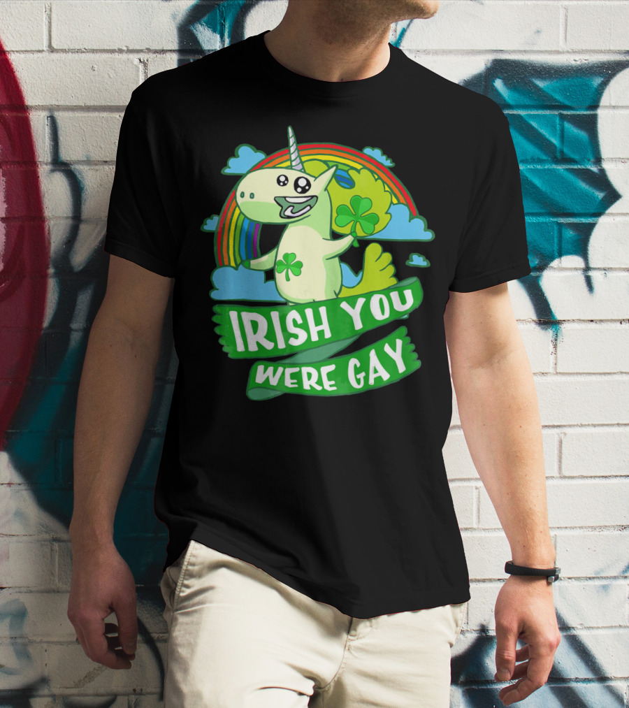 Unicorn Irish You Were Gay Rainbow Shamrock Clouds T-Shirt