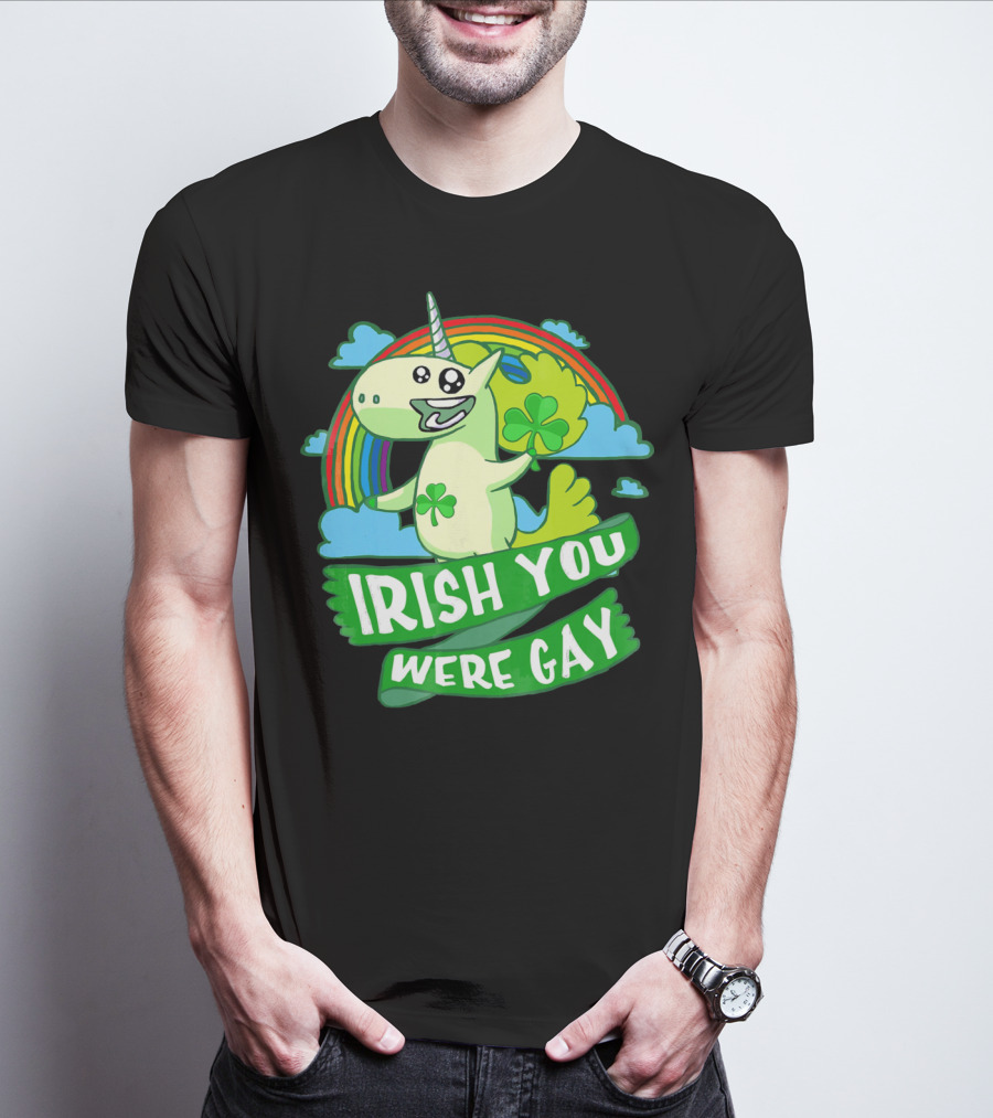 Unicorn Irish You Were Gay Rainbow Shamrock Clouds T-Shirt