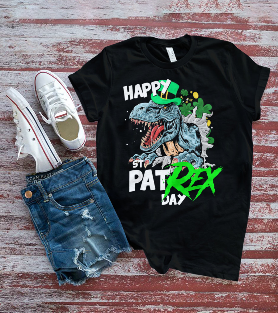 St Patricks Day Rex Happy Pat With Leprechaun Hat And Shamrocks T-Shirt