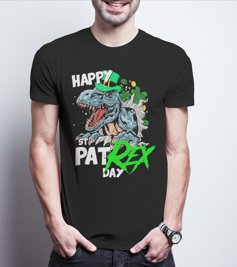St Patricks Day Rex Happy Pat With Leprechaun Hat And Shamrocks T-Shirt
