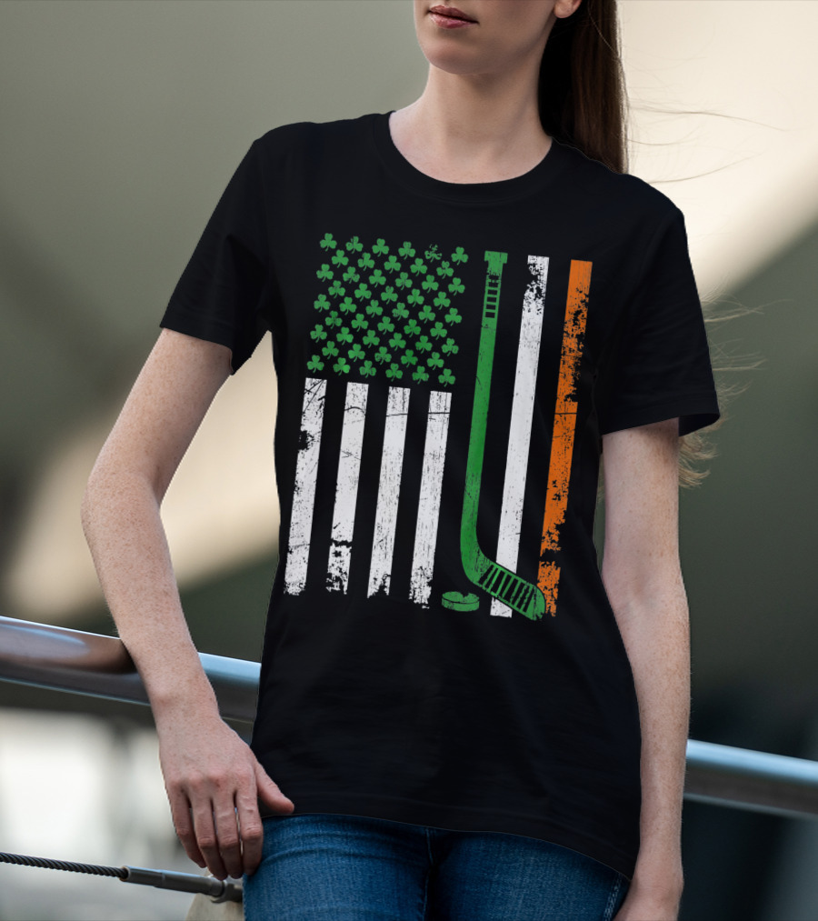 Irish American Flag Shamrock Hockey Stick T-Shirt