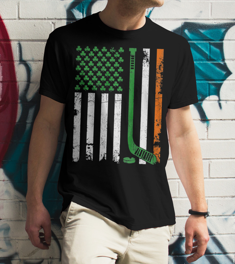 Irish American Flag Shamrock Hockey Stick T-Shirt