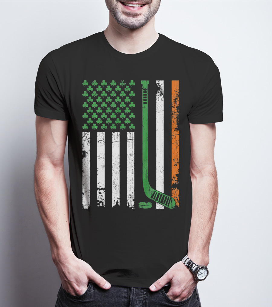 Irish American Flag Shamrock Hockey Stick T-Shirt