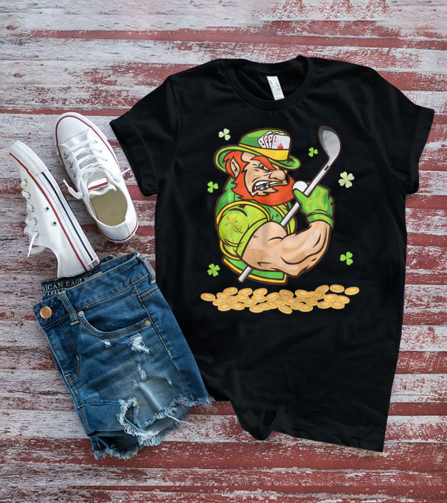 Leprechaun Swinging Golf Club Surrounded By Shamrocks And Gold Coins T-Shirt