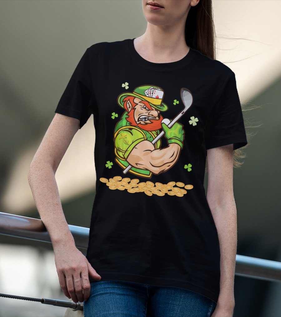 Leprechaun Swinging Golf Club Surrounded By Shamrocks And Gold Coins T-Shirt