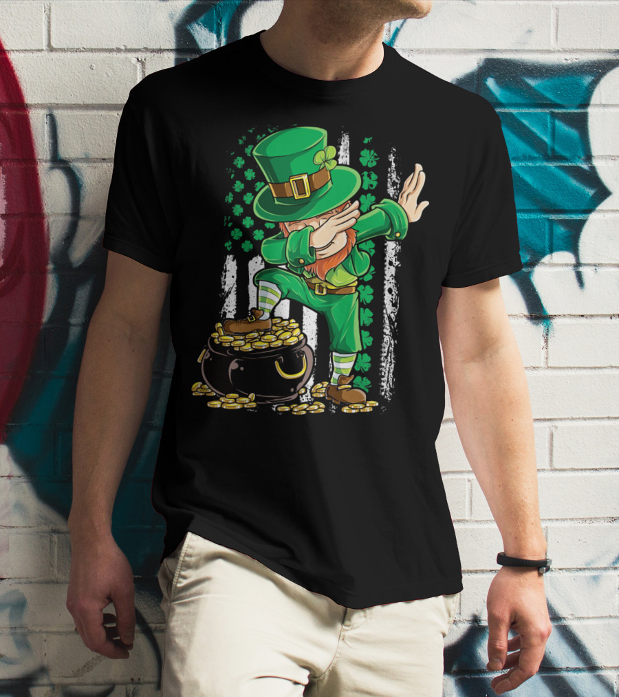 Dabbing Leprechaun With Shamrocks And Gold Coins Irish American T-Shirt