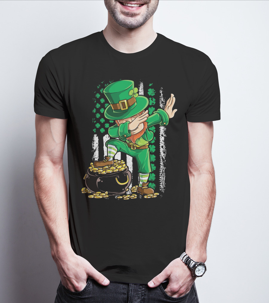 Dabbing Leprechaun With Shamrocks And Gold Coins Irish American T-Shirt