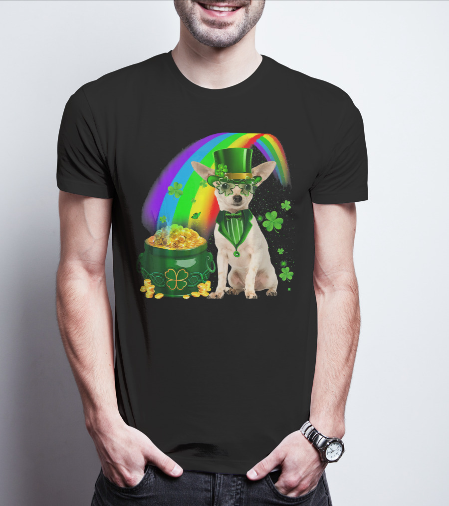 Chihuahua Irish Leprechaun With Shamrock And Rainbow Coin Pot T-Shirt