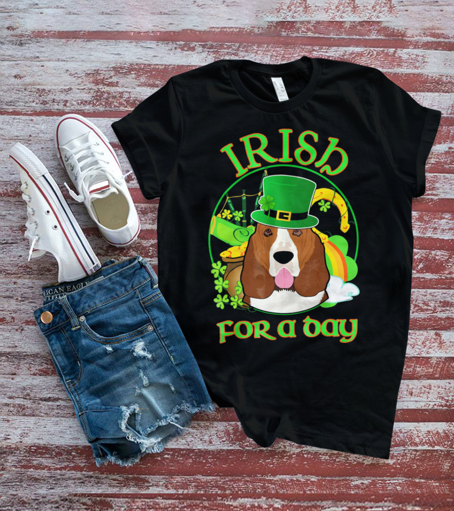Irish For A Day Basset Hound Dog With Leprechaun Hat And Shamrocks T-Shirt