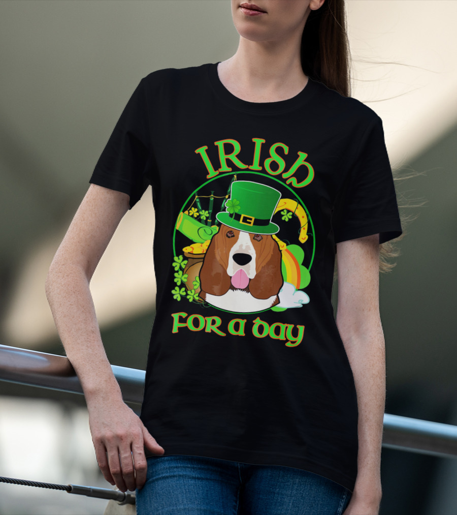 Irish For A Day Basset Hound Dog With Leprechaun Hat And Shamrocks T-Shirt