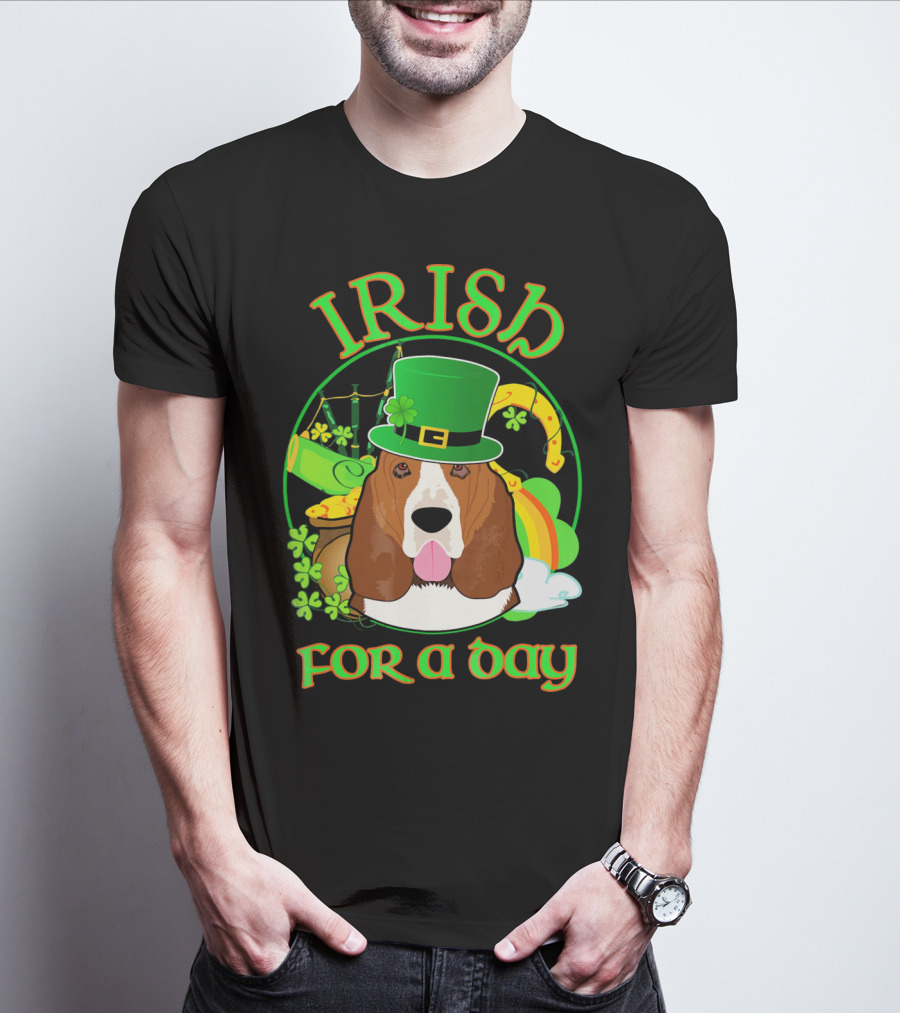 Irish For A Day Basset Hound Dog With Leprechaun Hat And Shamrocks T-Shirt