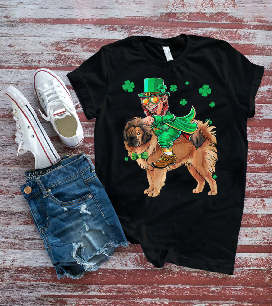 Leprechaun Riding Tibetan Mastiff With Shamrocks T-Shirt