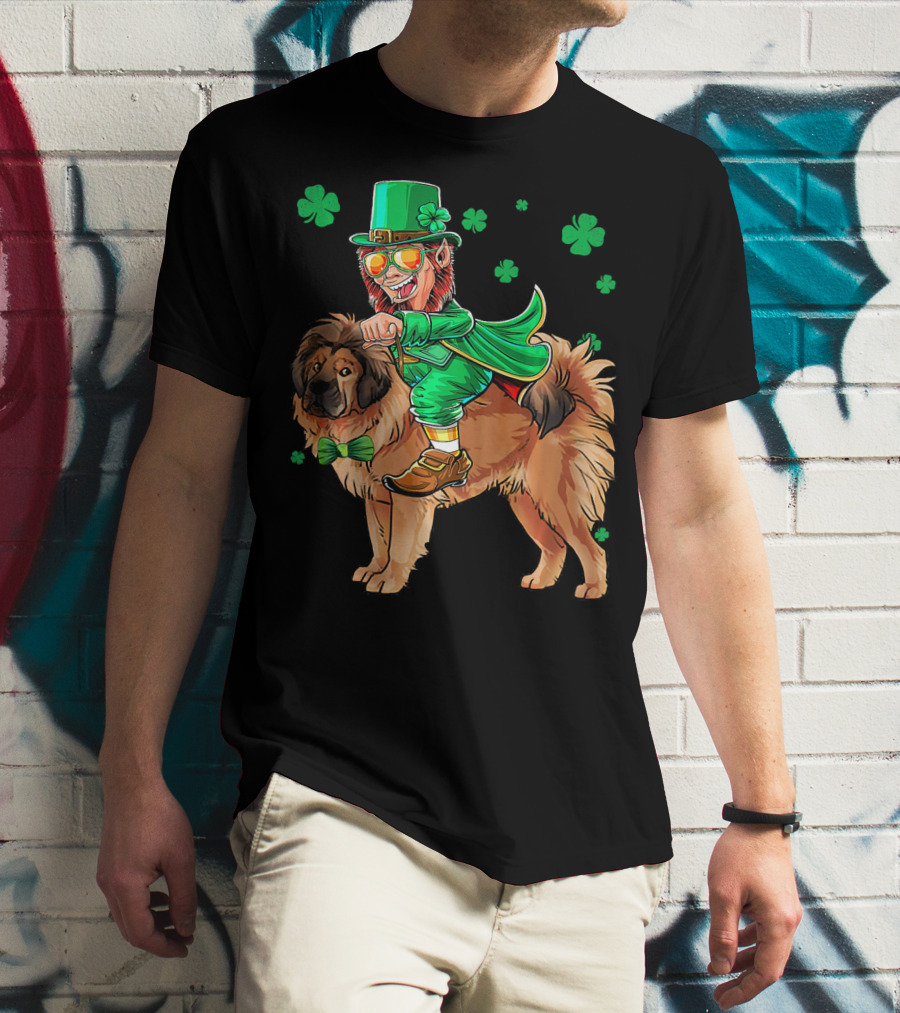 Leprechaun Riding Tibetan Mastiff With Shamrocks T-Shirt
