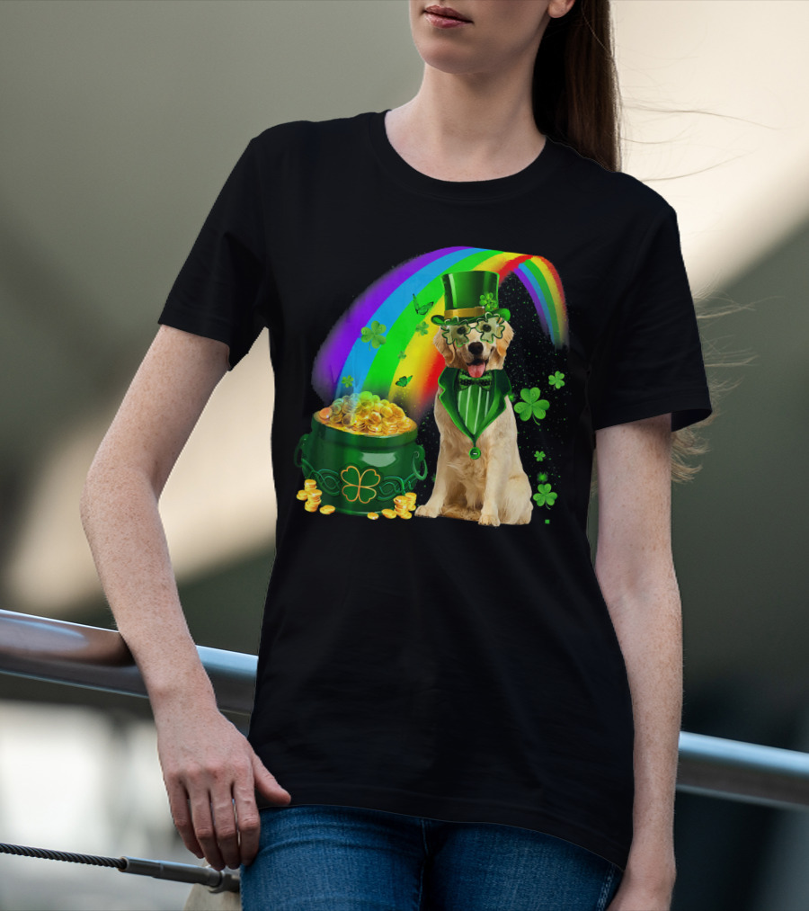 Golden Retrievers Dog Irish Leprechaun Rainbow Gold T-Shirt