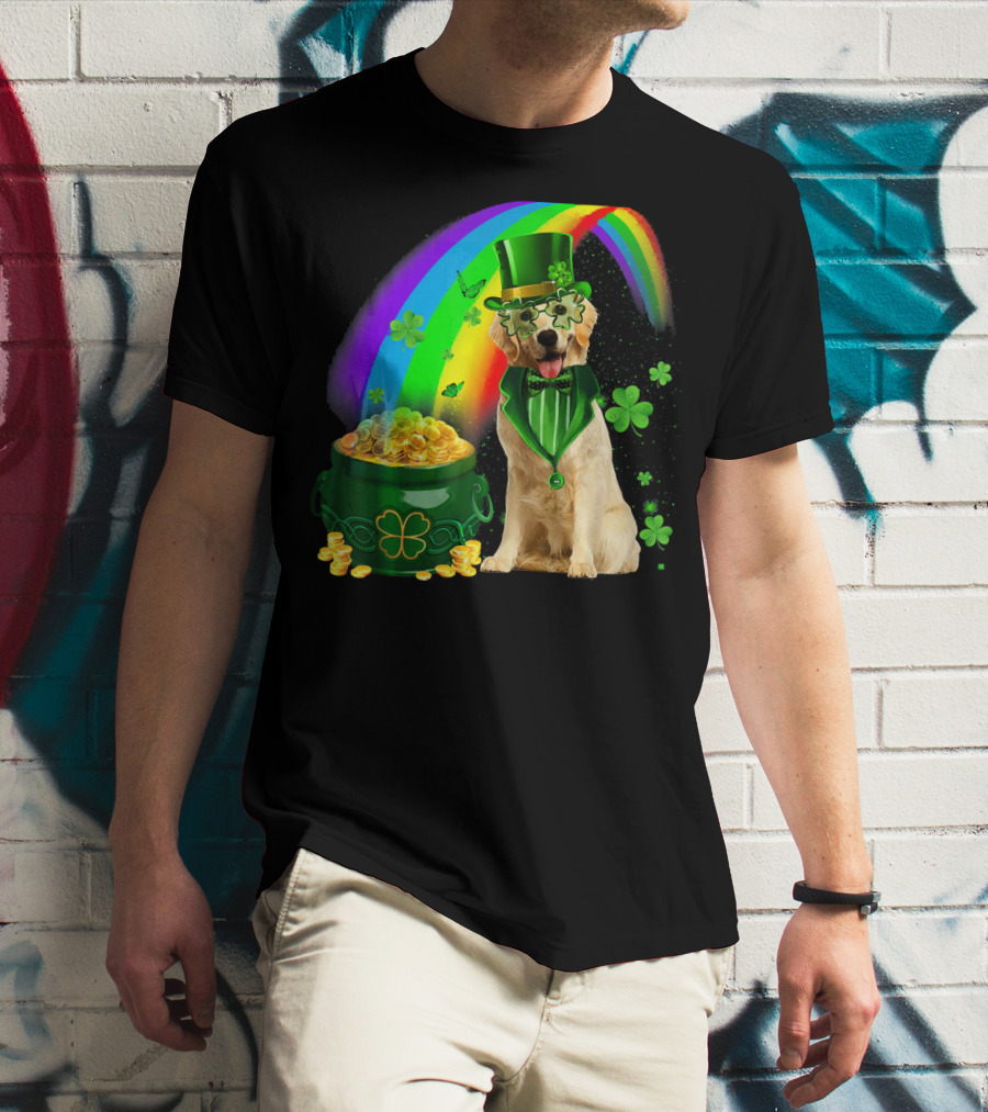 Golden Retrievers Dog Irish Leprechaun Rainbow Gold T-Shirt