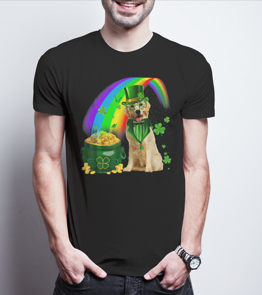 Golden Retrievers Dog Irish Leprechaun Rainbow Gold T-Shirt