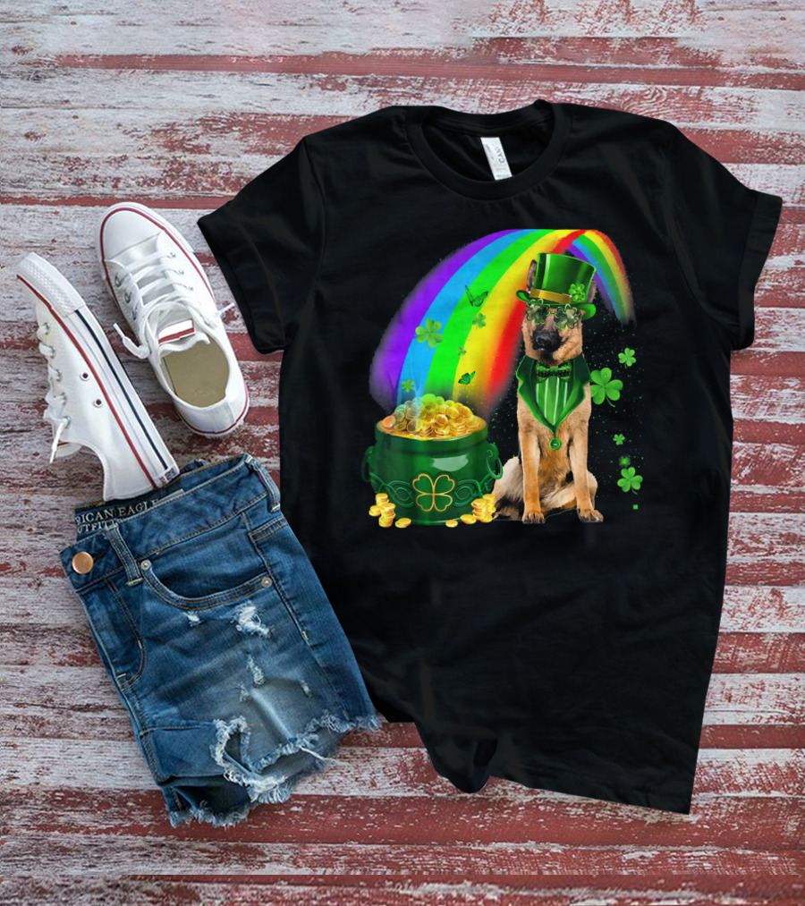 German Shepherd Irish Leprechaun Rainbow Pot Of Gold Shamrock T-Shirt