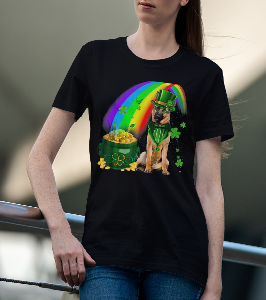 German Shepherd Irish Leprechaun Rainbow Pot Of Gold Shamrock T-Shirt