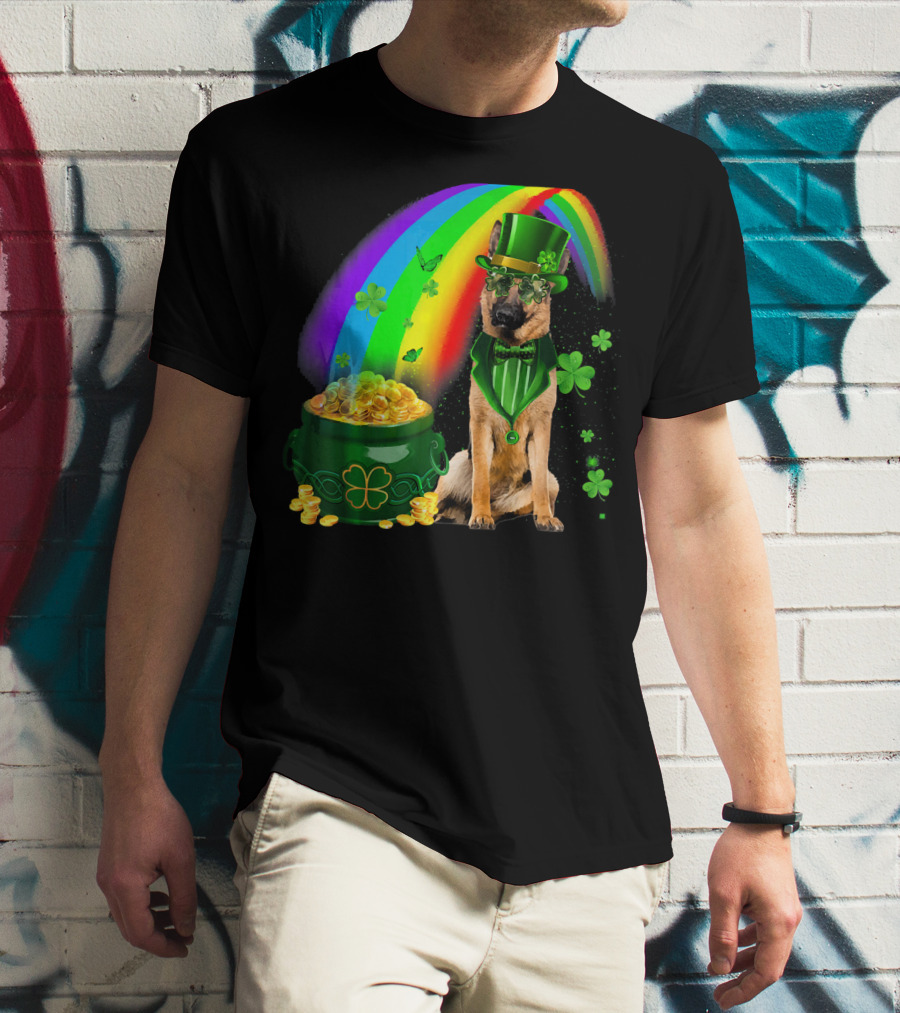 German Shepherd Irish Leprechaun Rainbow Pot Of Gold Shamrock T-Shirt