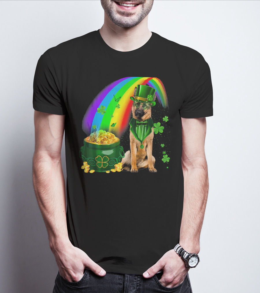 German Shepherd Irish Leprechaun Rainbow Pot Of Gold Shamrock T-Shirt