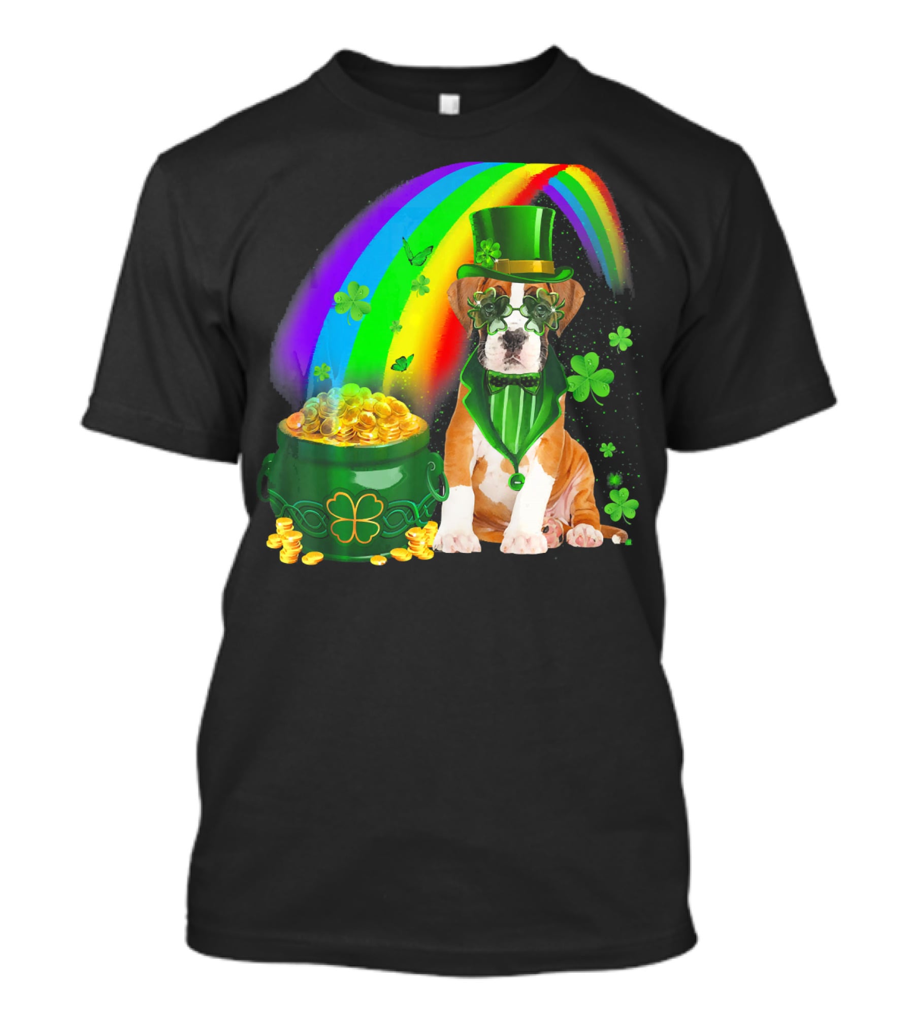 Boxer Dog Irish Leprechaun Coin Rainbow Clover Saint Patrick's Day T-Shirt