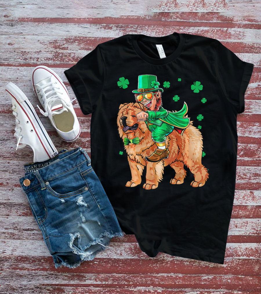 Leprechaun Riding Chow Chow With Shamrocks St. Patrick's Day T-Shirt