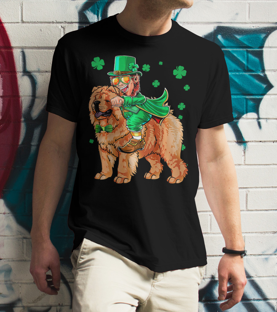Leprechaun Riding Chow Chow With Shamrocks St. Patrick's Day T-Shirt