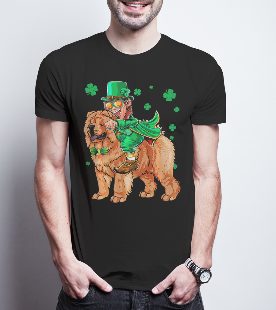 Leprechaun Riding Chow Chow With Shamrocks St. Patrick's Day T-Shirt