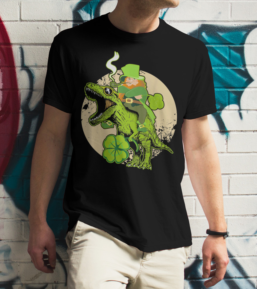 St Patricks Day Leprechaun Riding Dinosaur With Shamrocks T-Shirt
