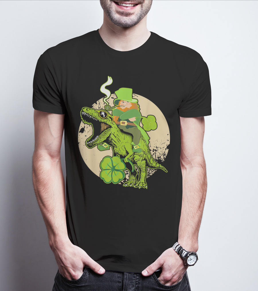 St Patricks Day Leprechaun Riding Dinosaur With Shamrocks T-Shirt