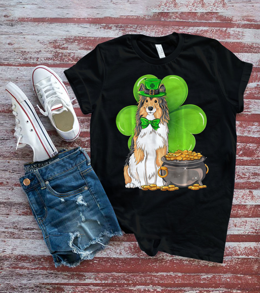 Shetland Sheepdog St Patricks Day Leprechaun Clover And Pot Of Gold T-Shirt