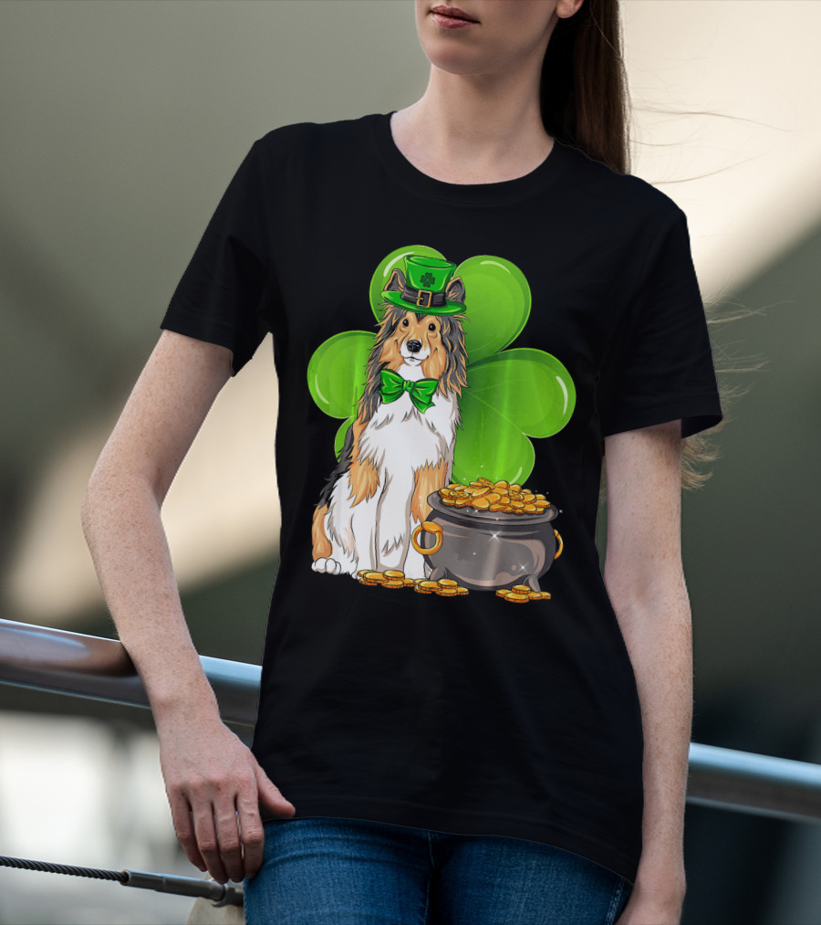 Shetland Sheepdog St Patricks Day Leprechaun Clover And Pot Of Gold T-Shirt