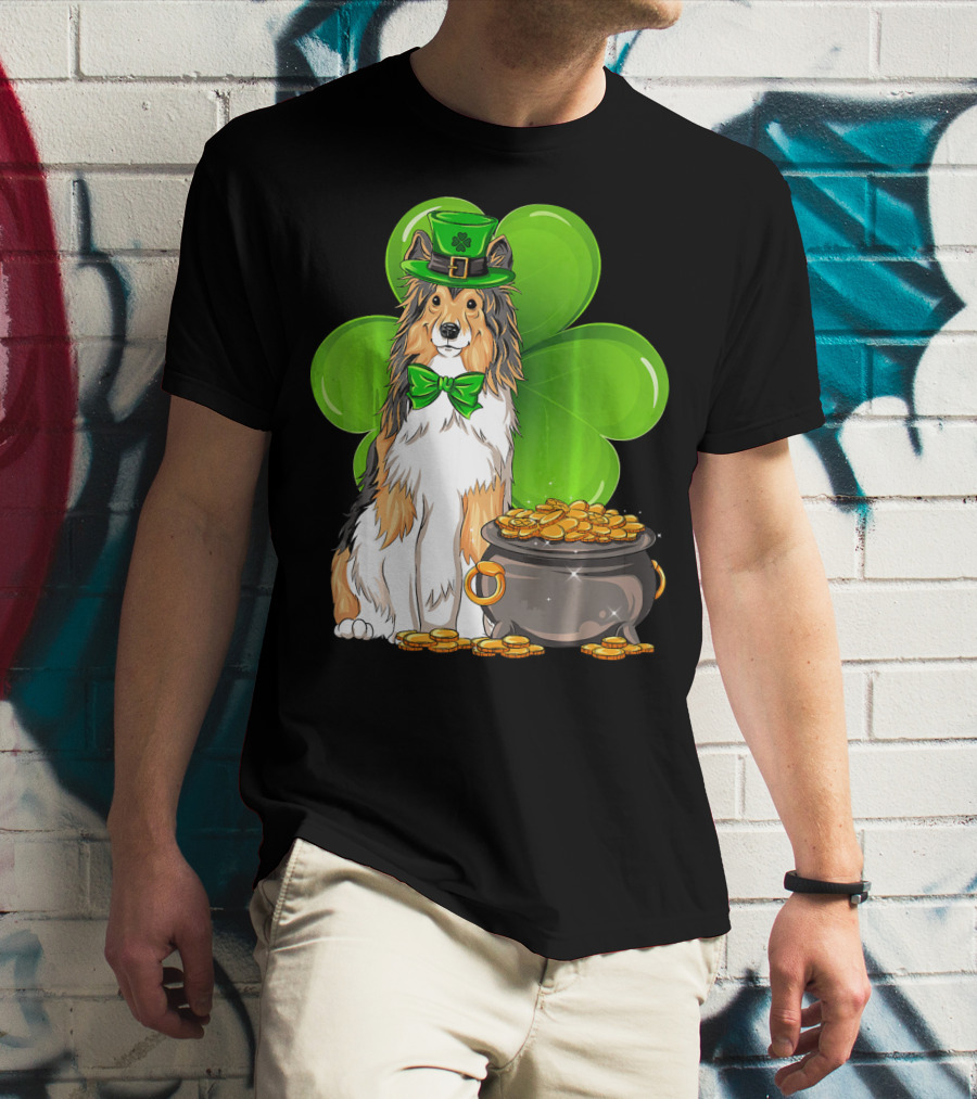 Shetland Sheepdog St Patricks Day Leprechaun Clover And Pot Of Gold T-Shirt
