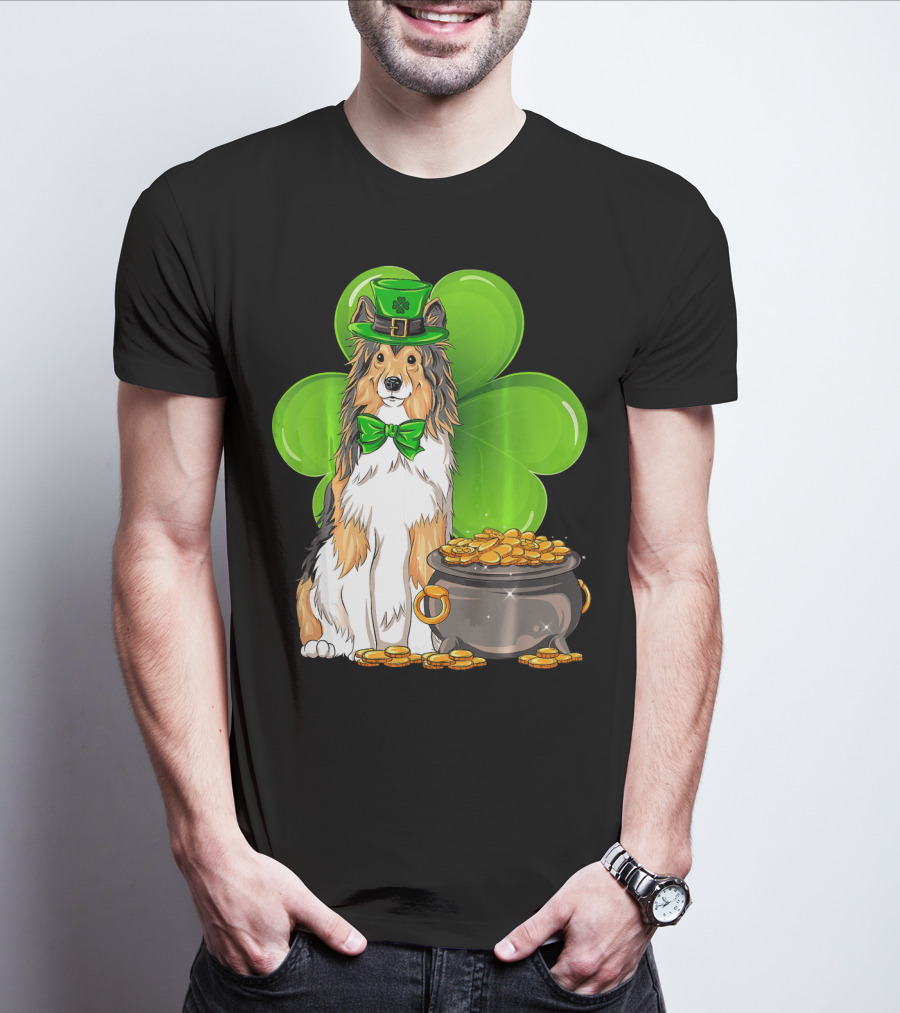 Shetland Sheepdog St Patricks Day Leprechaun Clover And Pot Of Gold T-Shirt