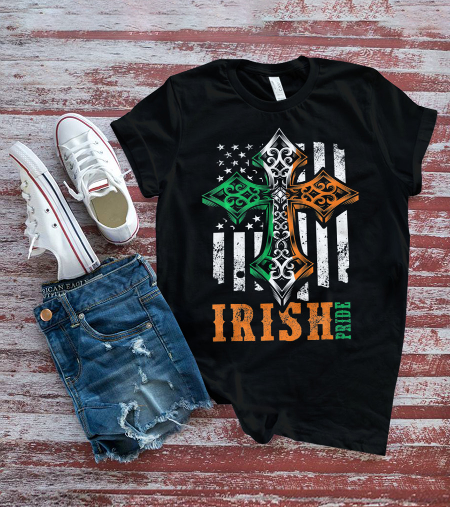 Irish Pride Celtic Cross American Flag Colors T-Shirt