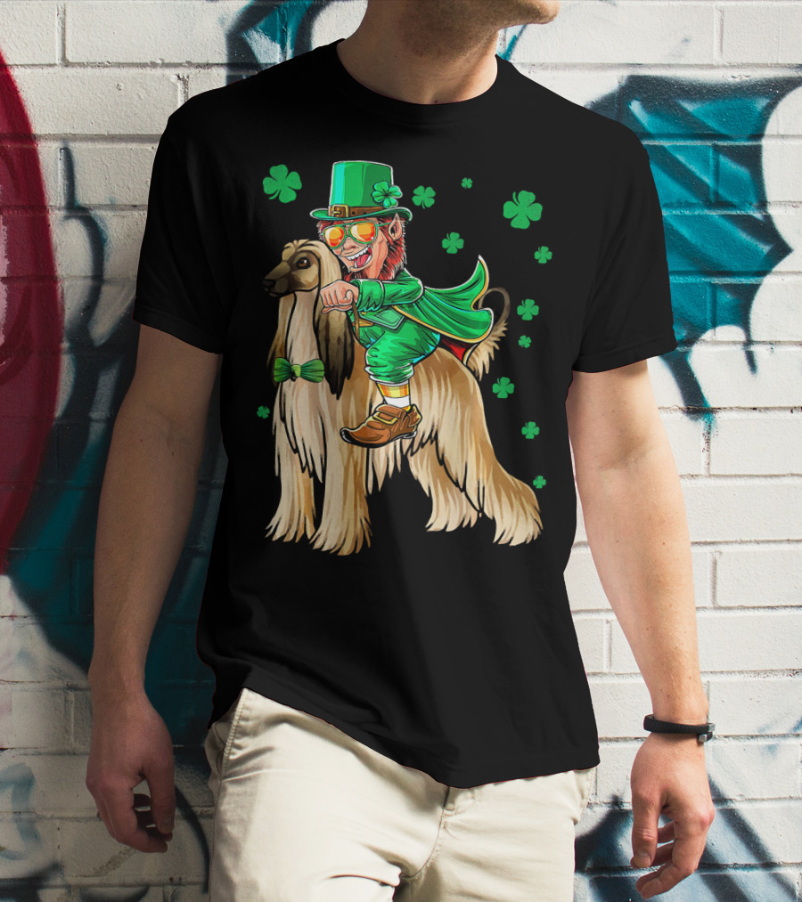 Leprechaun Riding Afghan Hound With Shamrocks St. Patrick's Day T-Shirt