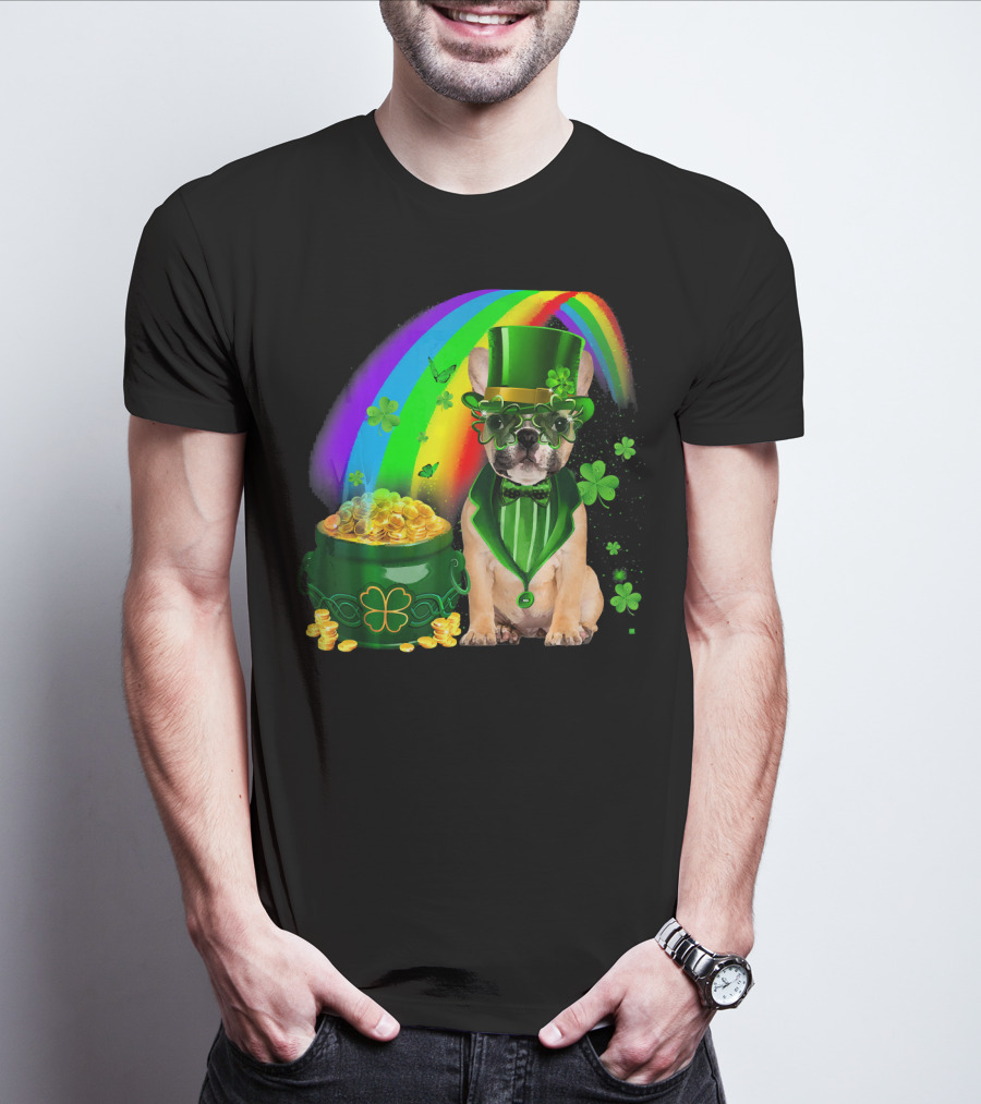 French Bulldog Irish Leprechaun With Pot Of Gold And Shamrocks T-Shirt
