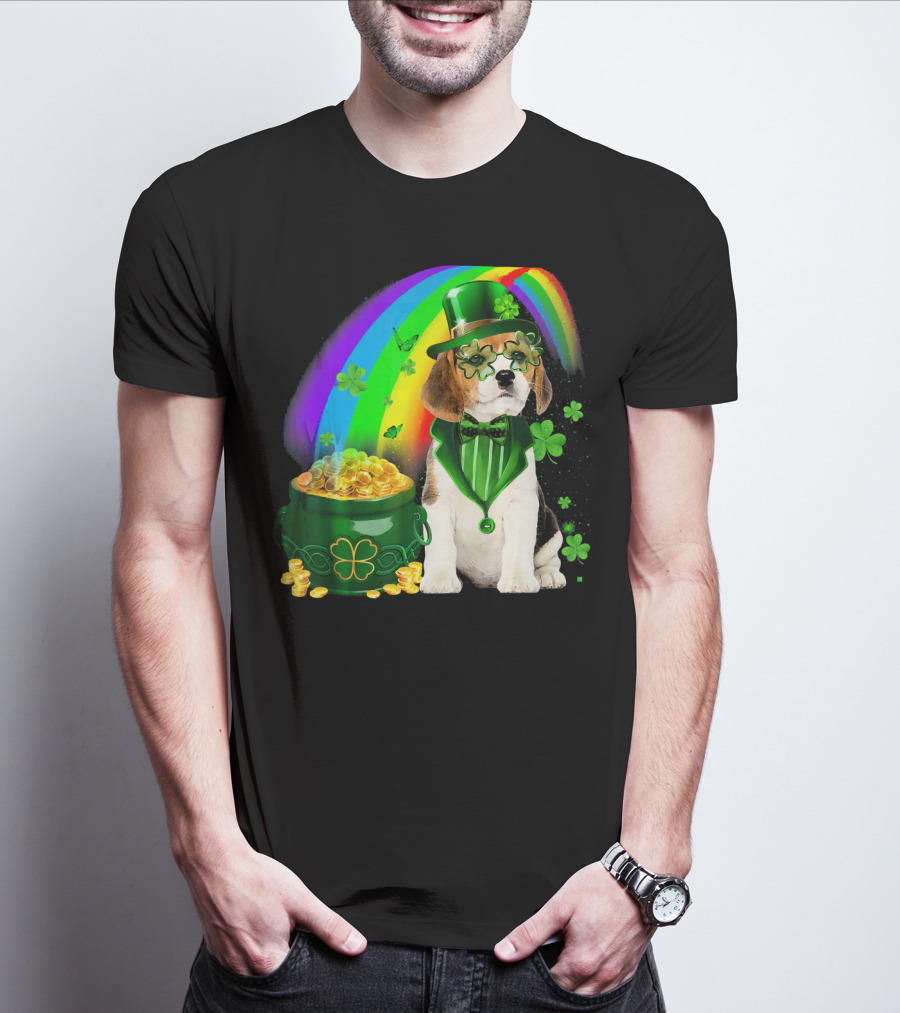Beagle Dog Rainbow Leprechaun Hat Shamrock Coin Pot T-Shirt