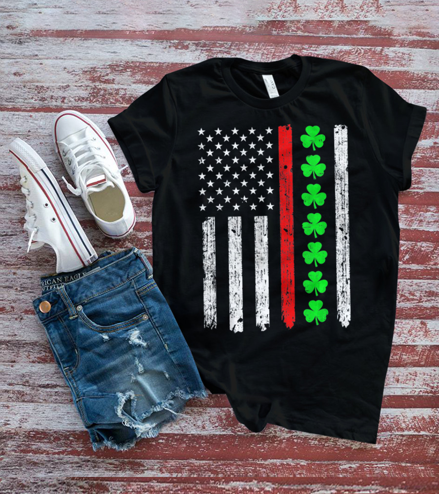 American Flag Thin Red Line Shamrock Irish St Patricks T-Shirt