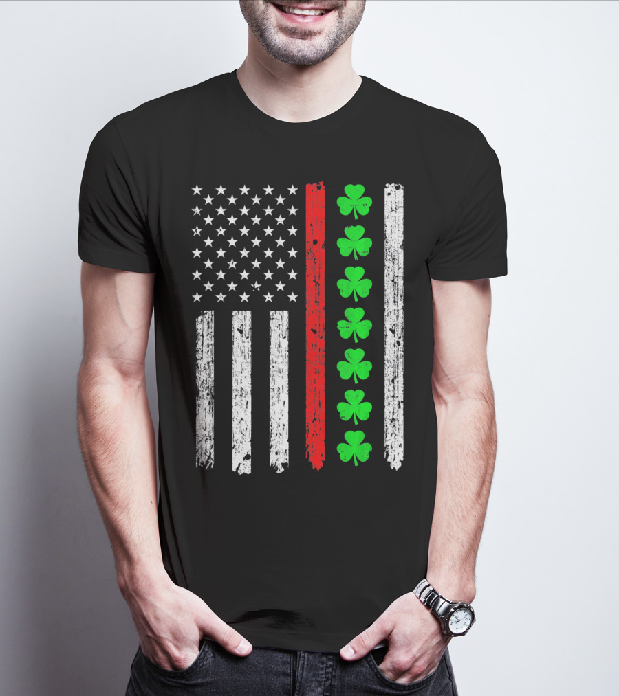 American Flag Thin Red Line Shamrock Irish St Patricks T-Shirt