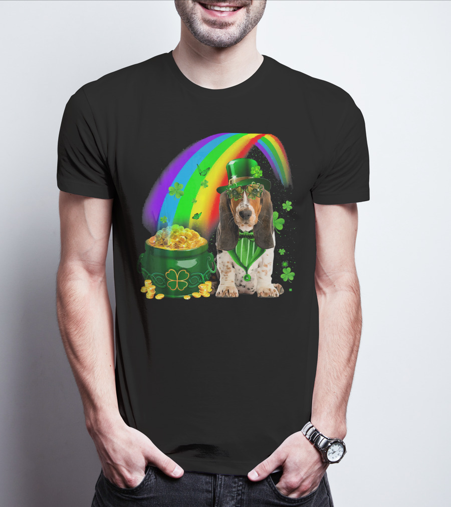 Basset Hound With Leprechaun Hat Rainbow And Pot Of Gold T-Shirt