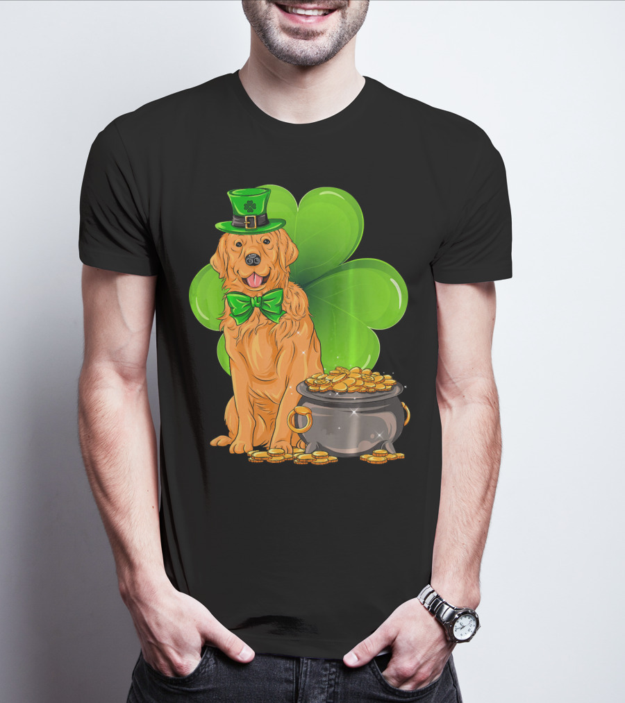 Golden Retriever St Patricks Day Leprechaun With Shamrock And Pot Of Gold T-Shirt