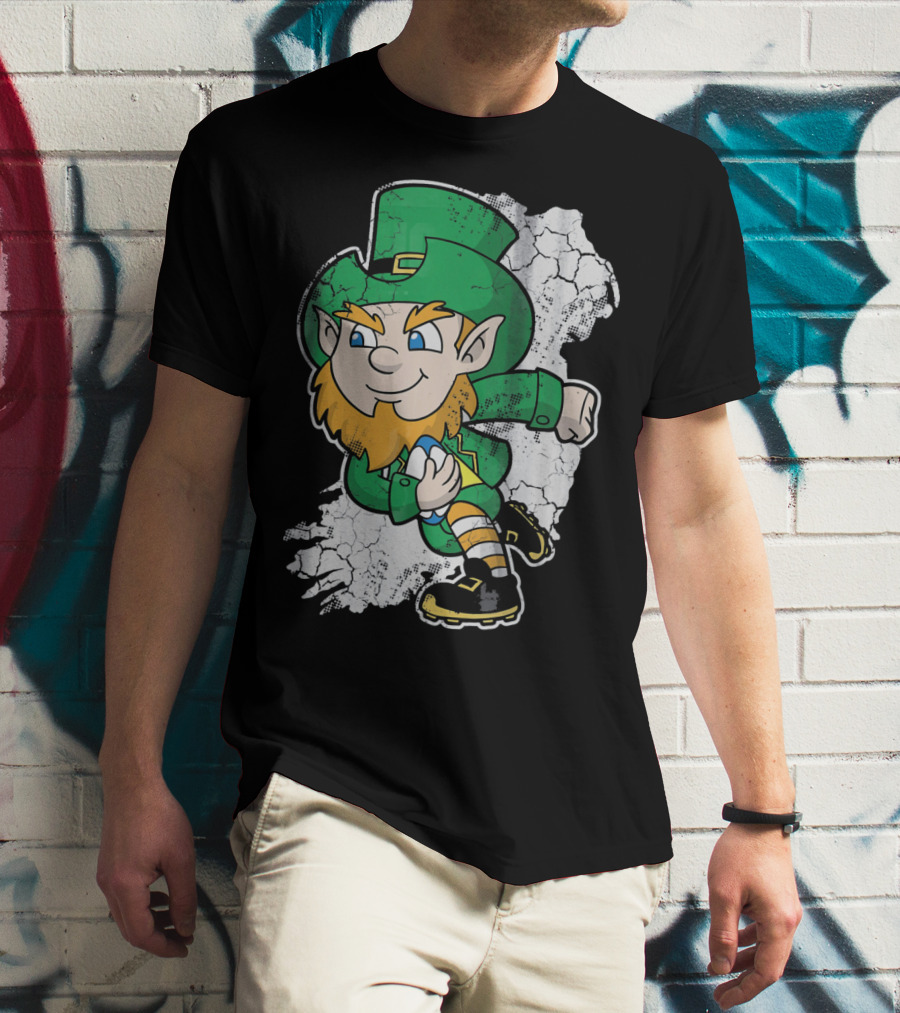 Irish Rugby Leprechaun With Rugby Ball On Cracked Background T-Shirt