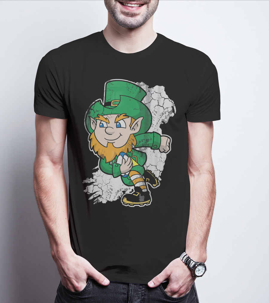 Irish Rugby Leprechaun With Rugby Ball On Cracked Background T-Shirt