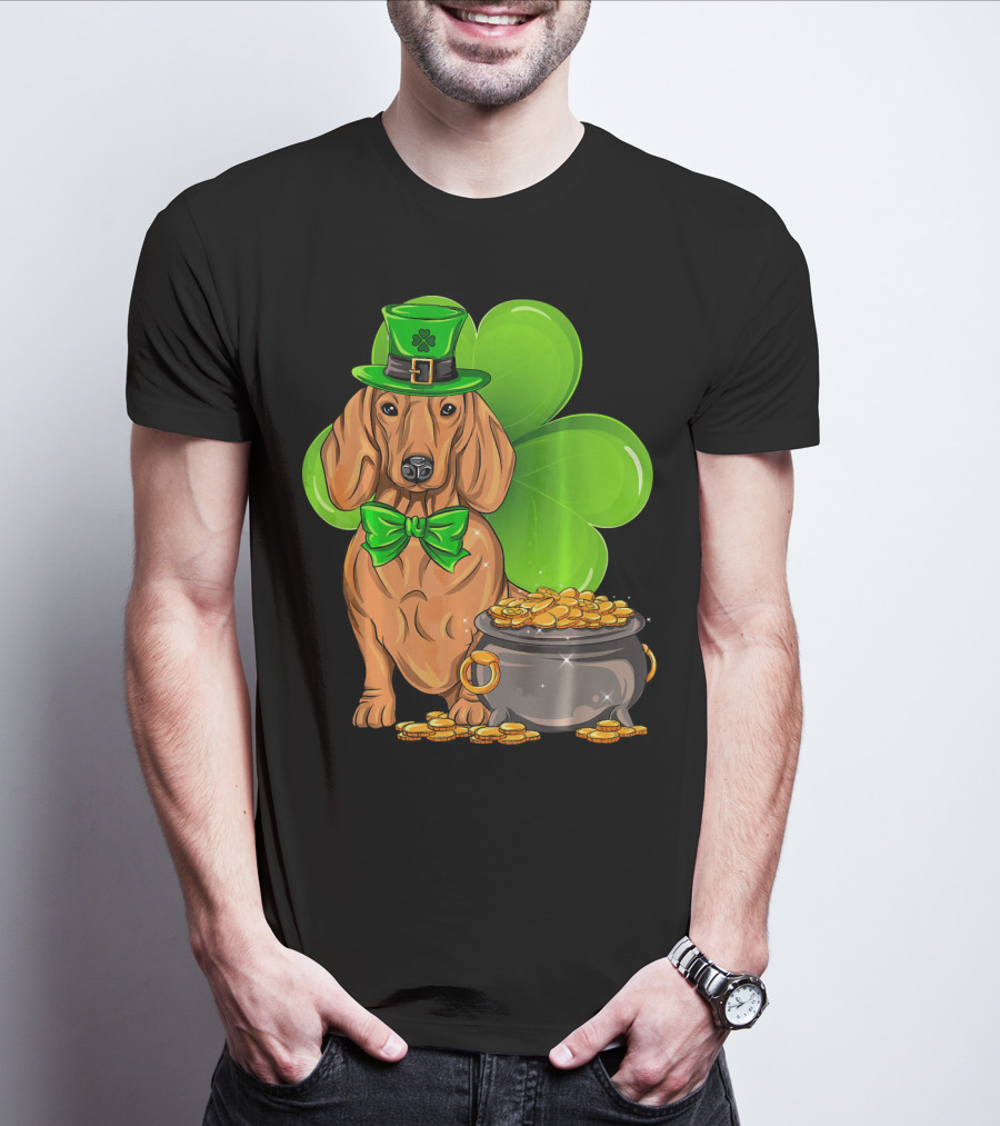 Dachshund St Patricks Day Leprechaun Dog Shamrock Hat Pot Of Gold T-Shirt