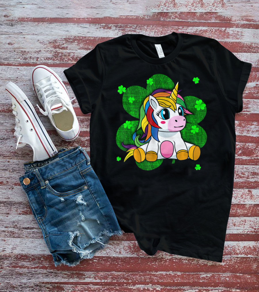 Cute Kids Unicorn Girls St Patrick Clover Rainbow T-Shirt