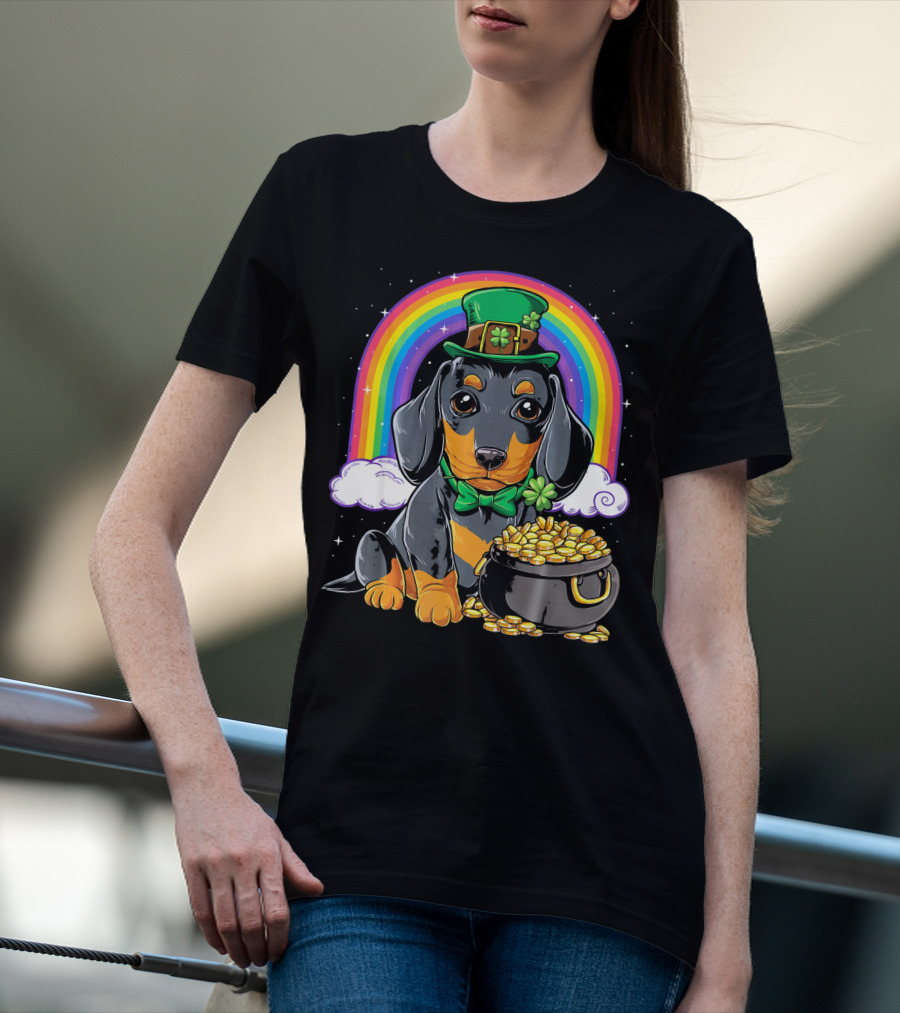 Dachshund Leprechaun Hat Rainbow Pot Of Gold T-Shirt