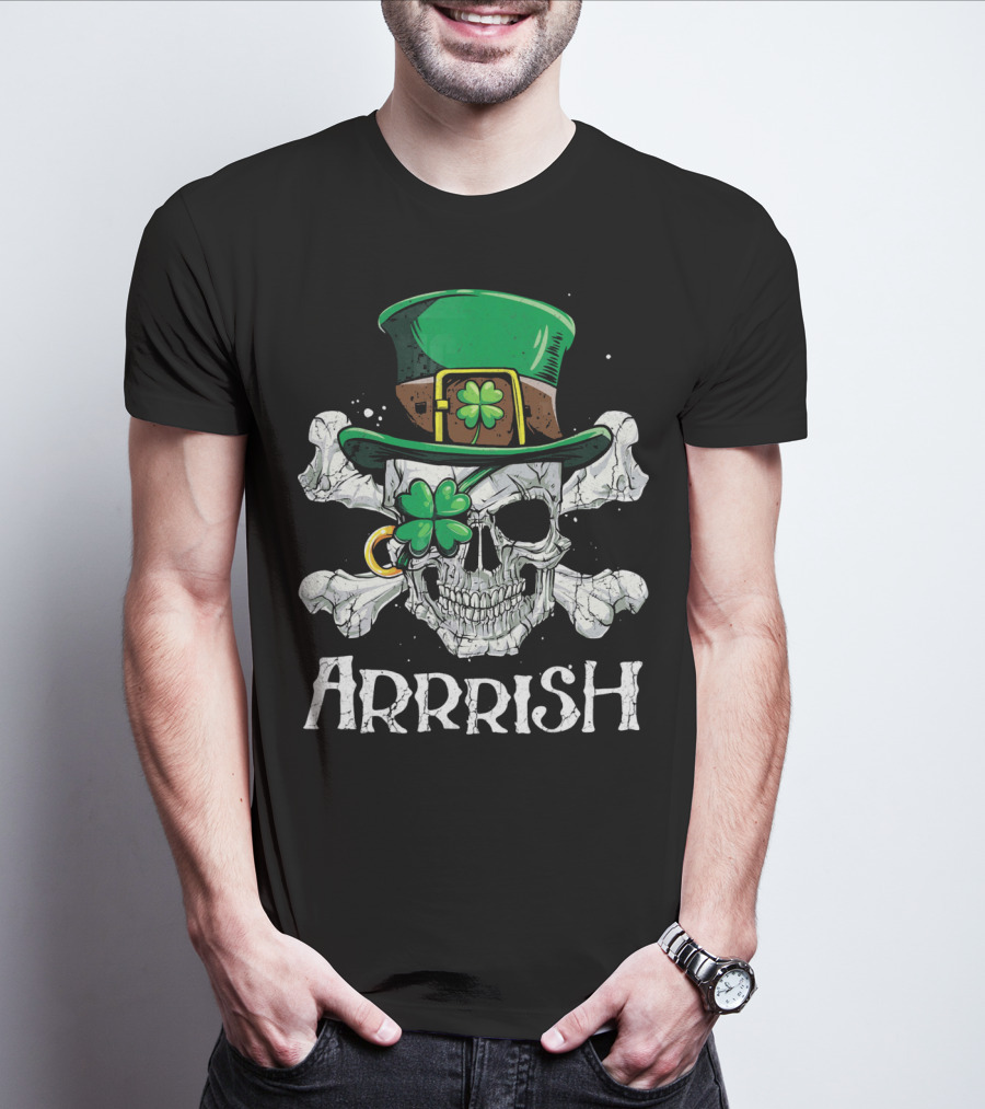 Arrrish Leprechaun Pirate Skull With Green Hat And Clover Eyepatch T-Shirt