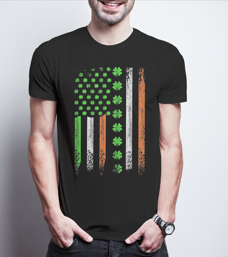 St Patricks Day US Flag With Shamrocks And Irish Colors T-Shirt